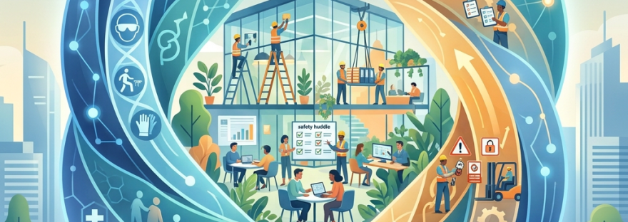 People collaborating in a glass office surrounded by interconnected technology and innovation symbols